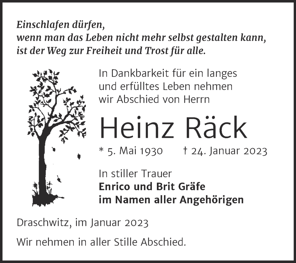  Traueranzeige für Heinz Räck vom 28.01.2023 aus Trauerkombi Zeitz