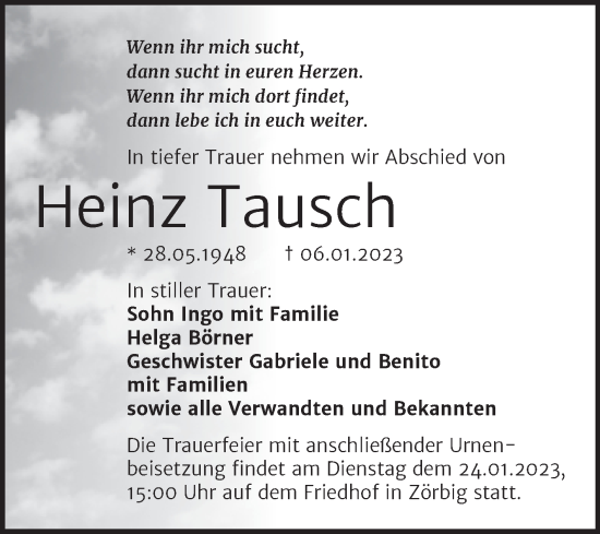 Traueranzeige von Heinz Tausch von Trauerkombi Bitterfeld