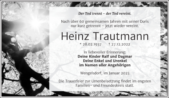 Traueranzeige von Heinz Trautmann von Trauerkombi Weißenfels