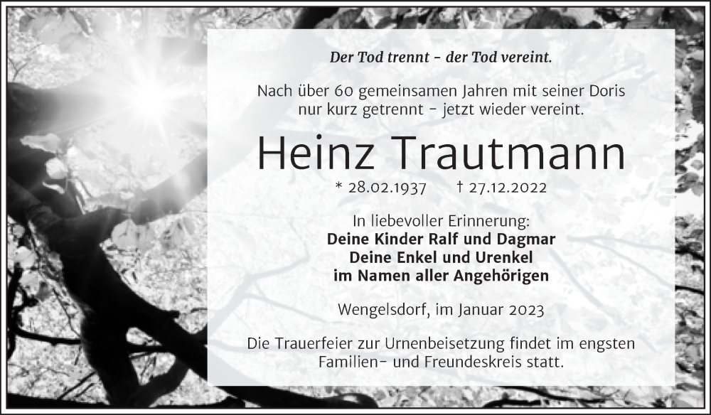  Traueranzeige für Heinz Trautmann vom 14.01.2023 aus Trauerkombi Weißenfels