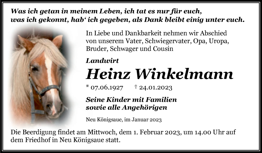  Traueranzeige für Heinz Winkelmann vom 28.01.2023 aus Trauerkombi Aschersleben