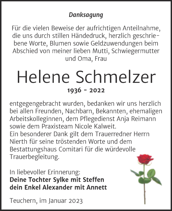 Traueranzeige von Helene Schmelzer von Trauerkombi Weißenfels