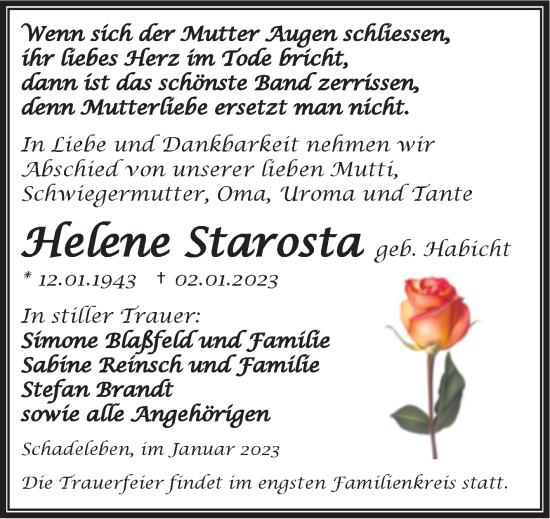 Traueranzeige von Helene Starosta von Trauerkombi Aschersleben