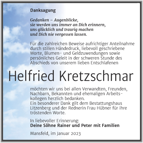 Traueranzeige von Helfried Kretzschmar von Trauerkombi Mansfelder Land