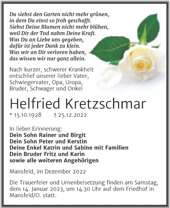 Traueranzeige von Helfried Kretzschmar von Trauerkombi Mansfelder Land