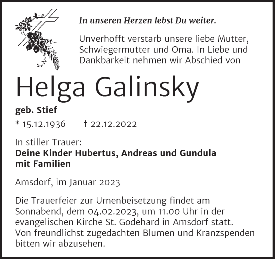 Traueranzeige von Helga Galinsky von Trauerkombi Mansfelder Land