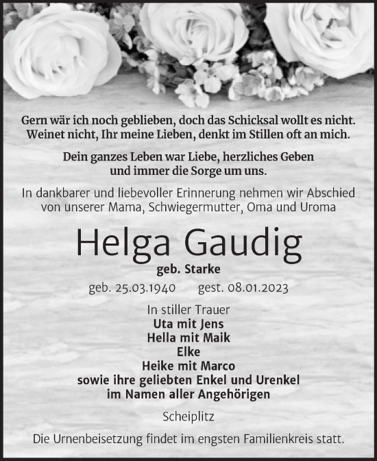 Traueranzeige von Helga Gaudig von Naumburger Tageblatt