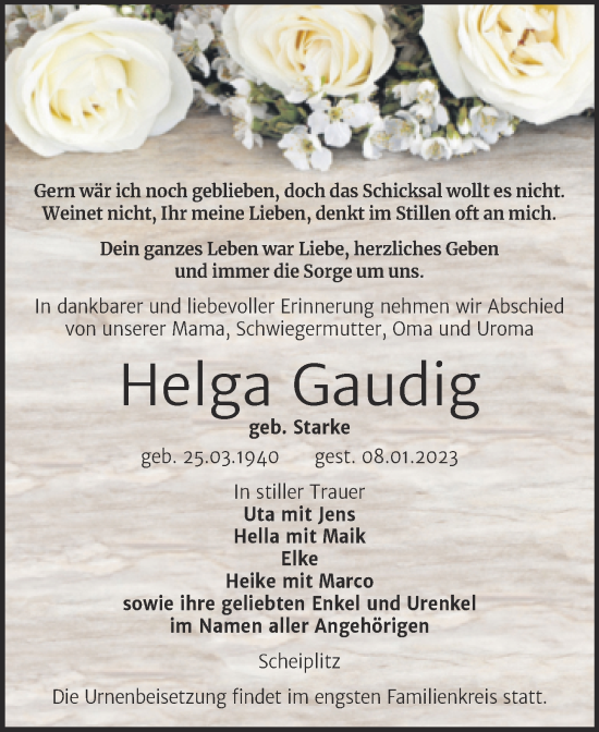 Traueranzeige von Helga Gaudig von Wochenspiegel Naumburg/Nebra