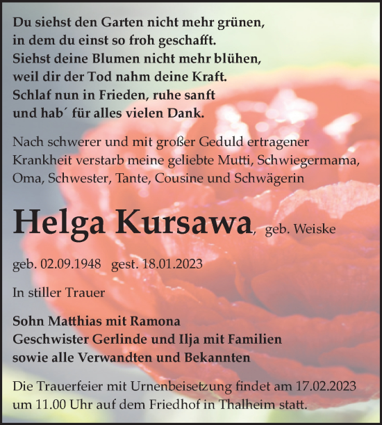 Traueranzeige von Helga Kursawa von Trauerkombi Bitterfeld