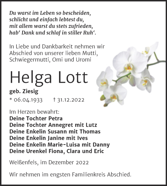 Traueranzeige von Helga Lott von Trauerkombi Weißenfels