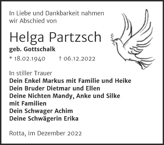 Traueranzeige von Helga Partzsch von Trauerkombi Wittenberg