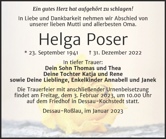 Traueranzeige von Helga Poser von Trauerkombi Dessau