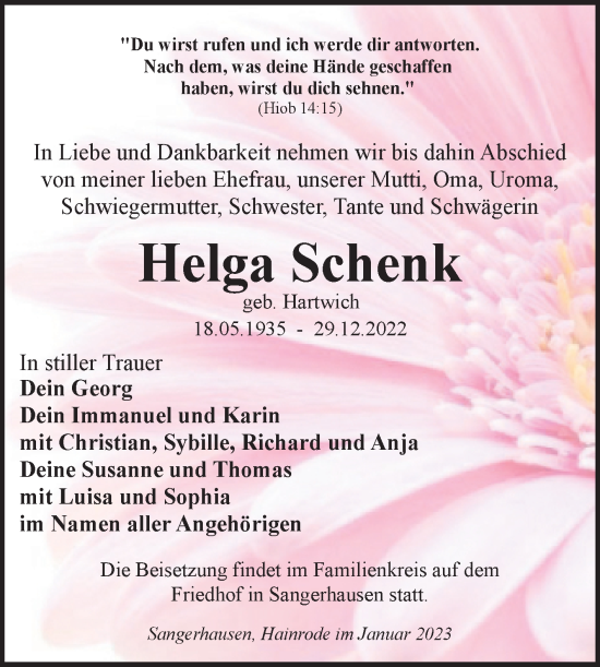 Traueranzeige von Helga Schenk von Trauerkombi Sangerhausen