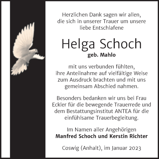 Traueranzeige von Helga Schoch von Trauerkombi Wittenberg