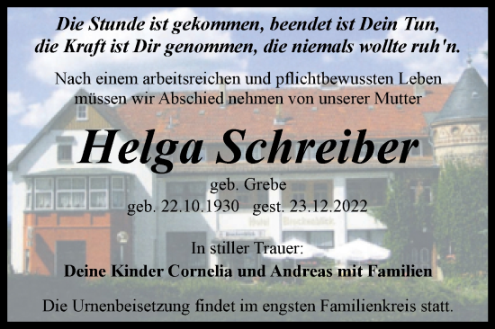 Traueranzeige von Helga Schreiber von Trauerkombi Quedlinburg