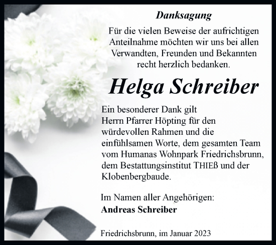 Traueranzeige von Helga Schreiber von Trauerkombi Quedlinburg