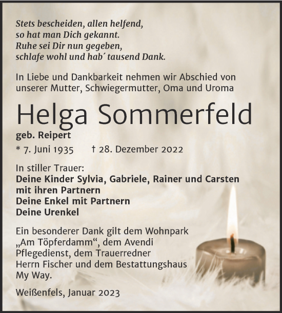 Traueranzeige von Helga Sommerfeld von Trauerkombi Weißenfels