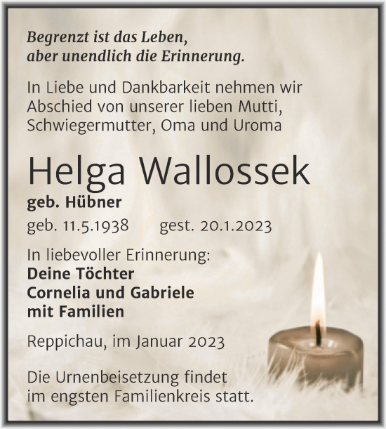 Traueranzeige von Helga Wallossek von Trauerkombi Köthen