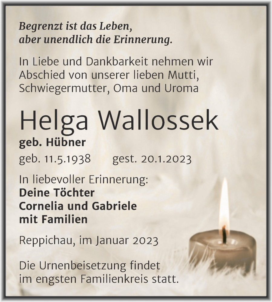  Traueranzeige für Helga Wallossek vom 24.01.2023 aus Trauerkombi Köthen