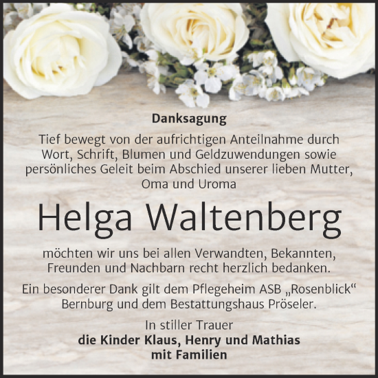 Traueranzeige von Helga Waltenberg von Trauerkombi Bernburg