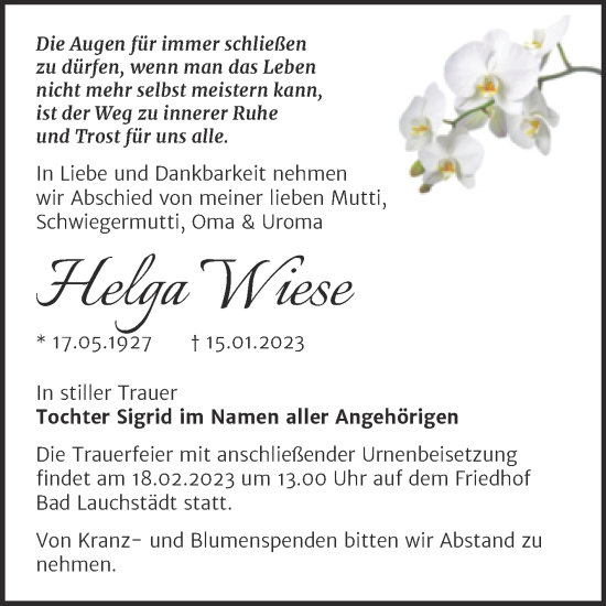 Traueranzeige von Helga Wiese von Trauerkombi Merseburg