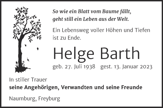 Traueranzeige von Helge Barth von Wochenspiegel Naumburg/Nebra