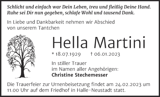 Traueranzeige von Hella Martini von Mitteldeutsche Zeitung Halle/Saalkreis