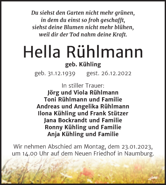 Traueranzeige von Hella Rühlmann von Wochenspiegel Naumburg/Nebra