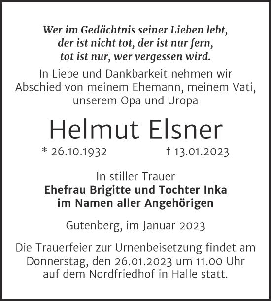 Traueranzeige von Helmut Elsner von Mitteldeutsche Zeitung Halle/Saalkreis