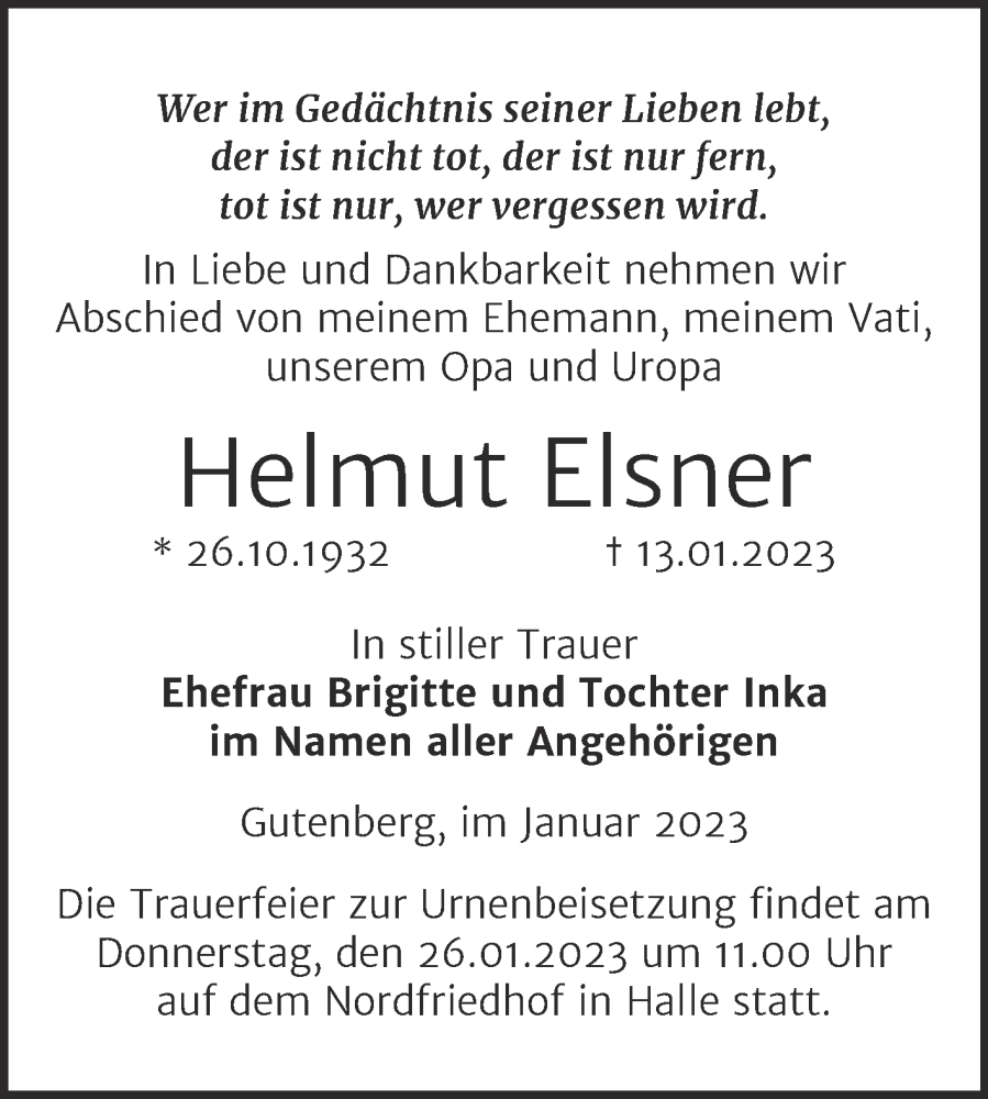  Traueranzeige für Helmut Elsner vom 21.01.2023 aus Mitteldeutsche Zeitung Halle/Saalkreis