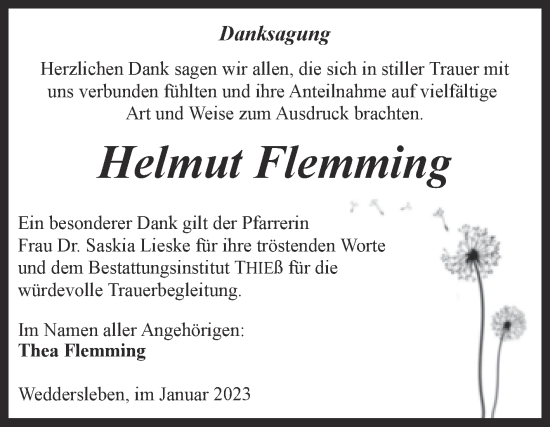 Traueranzeige von Helmut Flemming von Trauerkombi Quedlinburg