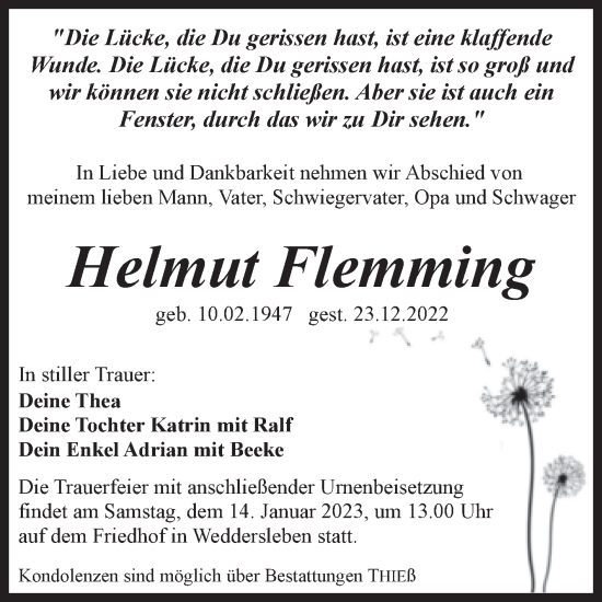 Traueranzeige von Helmut Flemming von Trauerkombi Quedlinburg