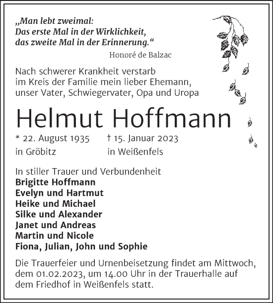 Traueranzeige von Helmut Hoffmann von Trauerkombi Weißenfels