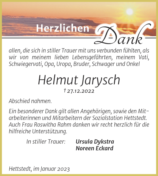 Traueranzeige von Helmut Jarysch von Trauerkombi Mansfelder Land