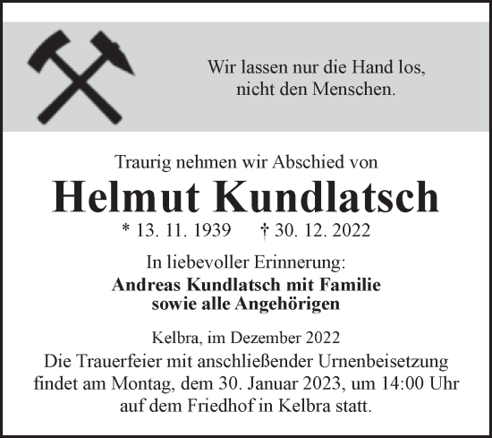 Traueranzeige von Helmut Kundlatsch von Trauerkombi Sangerhausen