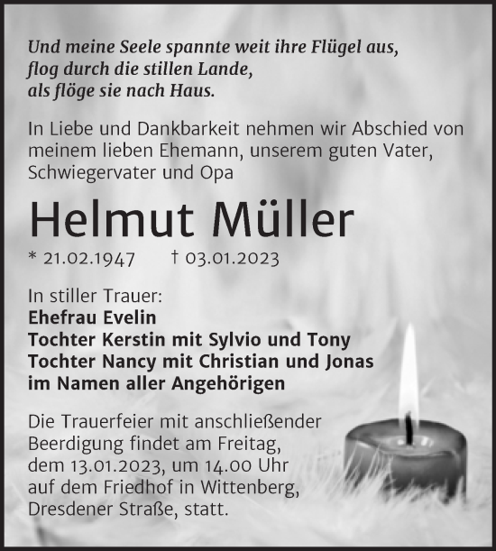 Traueranzeige von Helmut Müller von Trauerkombi Wittenberg