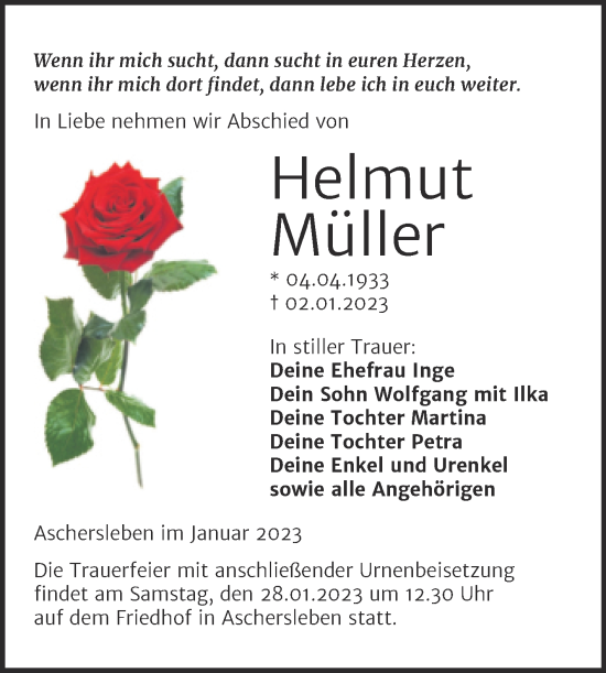 Traueranzeige von Helmut Müller von Trauerkombi Aschersleben