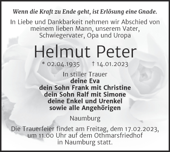 Traueranzeige von Helmut Peter von Wochenspiegel Naumburg/Nebra