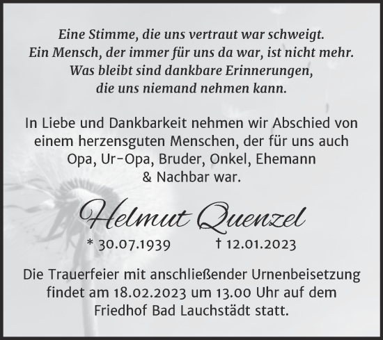 Traueranzeige von Helmut Quenzel von Trauerkombi Merseburg
