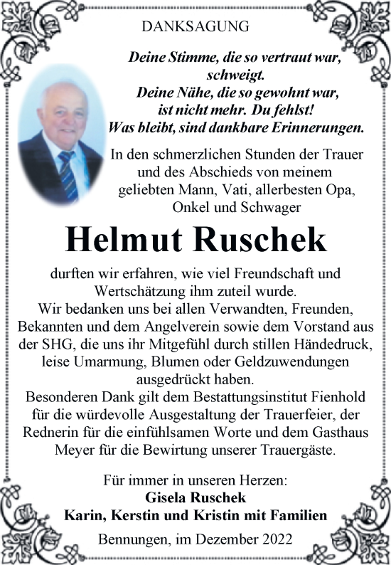 Traueranzeige von Helmut Ruschek von Trauerkombi Sangerhausen