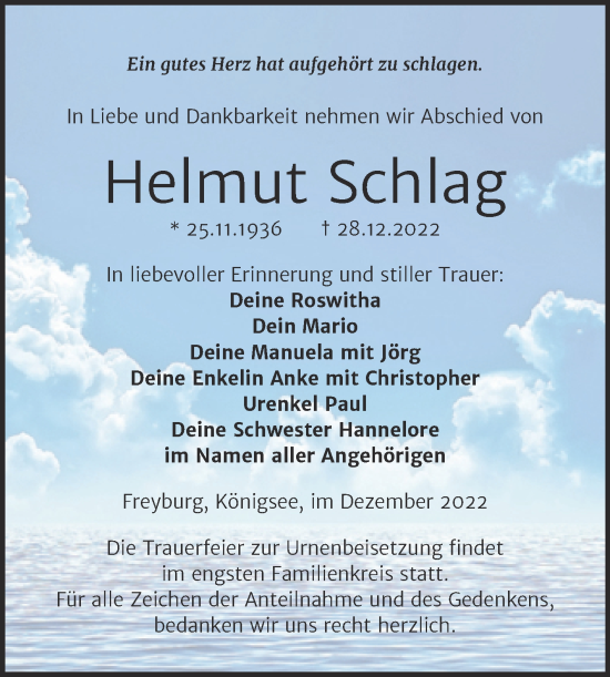Traueranzeige von Helmut Schlag von Wochenspiegel Naumburg/Nebra