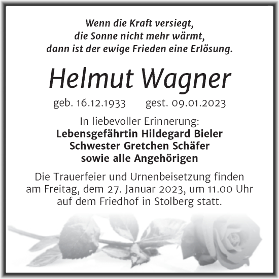 Traueranzeige von Helmut Wagner von Mitteldeutsche Zeitung Sangerhausen