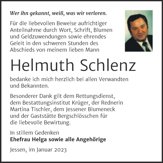 Traueranzeige von Helmuth Schlenz von Trauerkombi Wittenberg