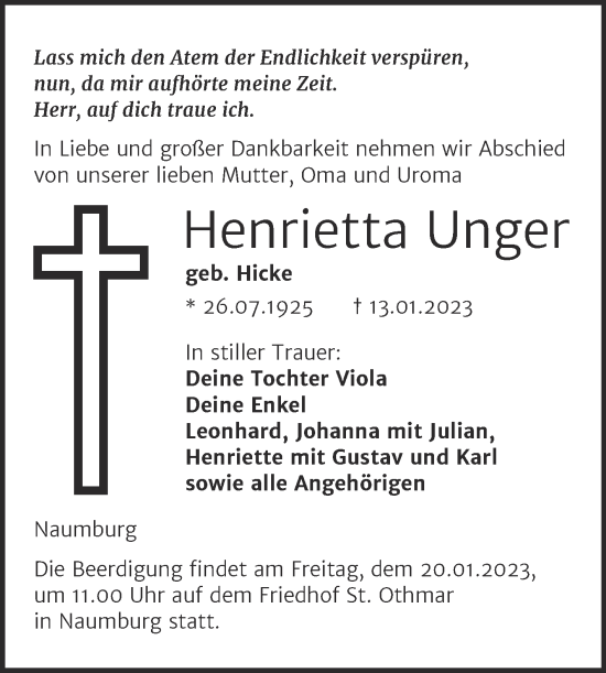 Traueranzeige von Henrietta Unger von Wochenspiegel Naumburg/Nebra