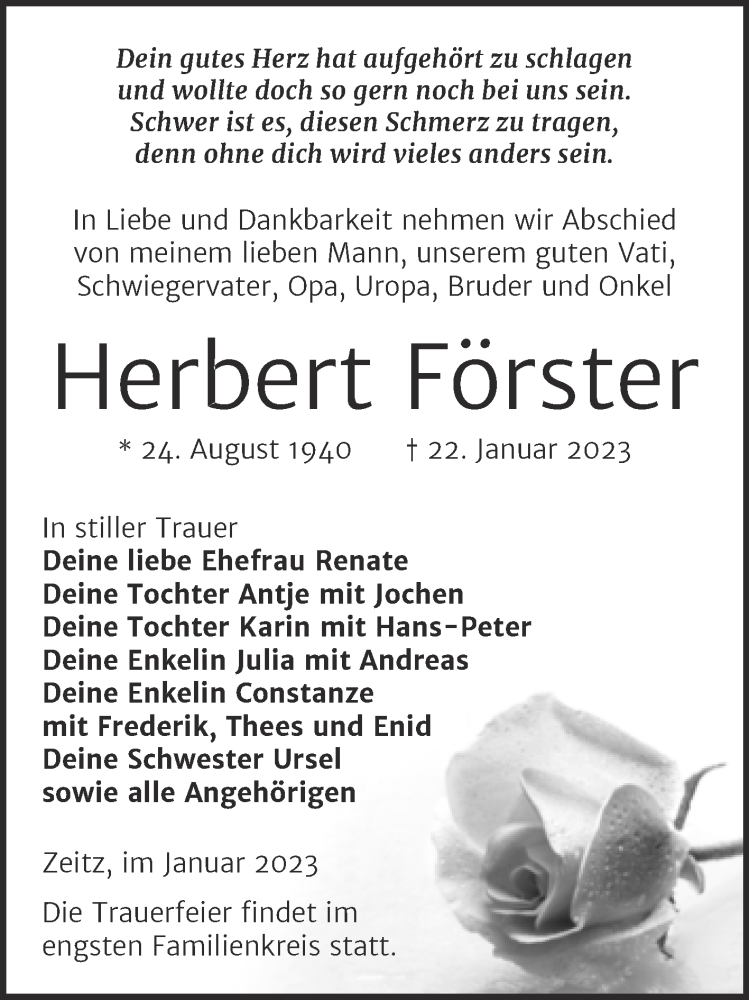  Traueranzeige für Herbert Förster vom 28.01.2023 aus Trauerkombi Zeitz