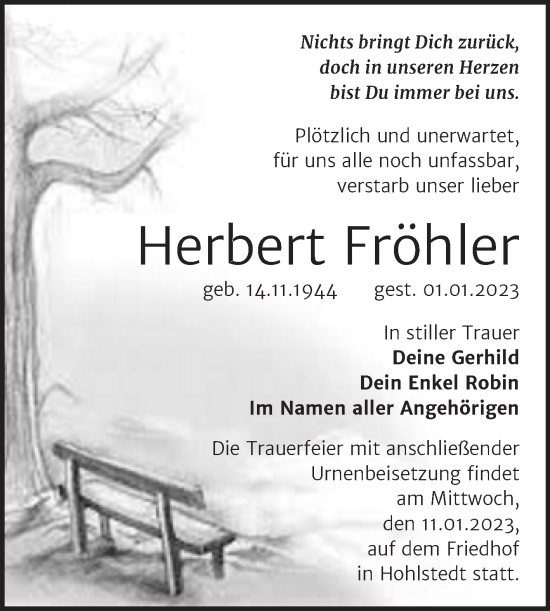 Traueranzeige von Herbert Fröhler von Trauerkombi Sangerhausen