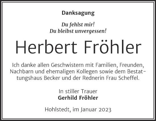 Traueranzeige von Herbert Fröhler von Trauerkombi Sangerhausen