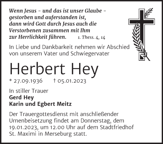 Traueranzeige von Herbert Hey von Trauerkombi Merseburg