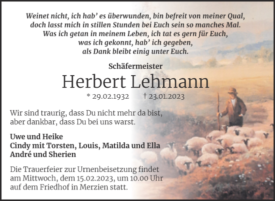 Traueranzeige von Herbert Lehmann von Trauerkombi Köthen
