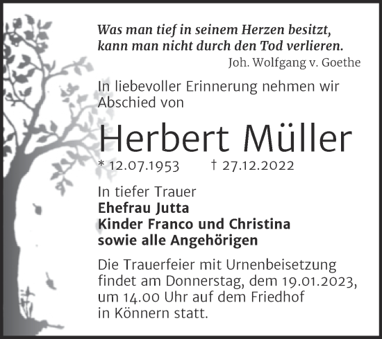 Traueranzeige von Herbert Müller von Trauerkombi Aschersleben